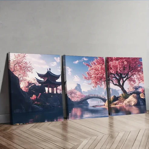 3pcs Cherry Blossom River Landscape Luxurious Wall Art Set Canvas Unframed - High Quality Print 100% Australian Made Wall Canvas - Bella Home Decor