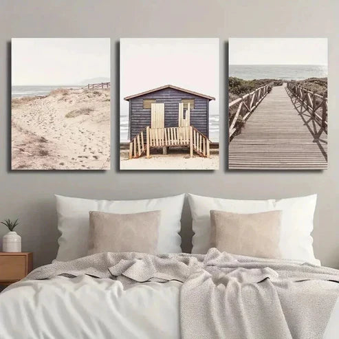 3pcs Sand Dunes & Seaside Hut Landscape Wall Art Canvas Unframed - High Quality Print 100% Australian Made Wall Canvas