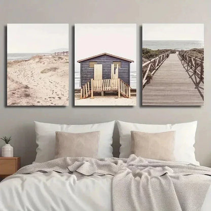 3pcs Sand Dunes & Seaside Hut Landscape Wall Art Canvas Unframed - High Quality Print 100% Australian Made Wall Canvas