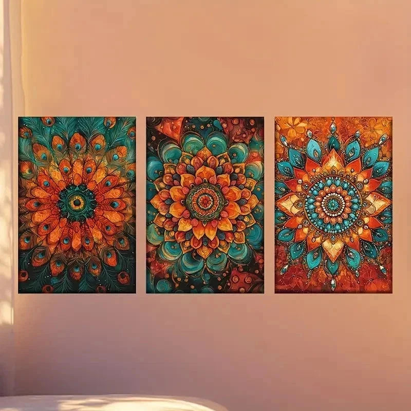 3pcs Boho Style Flower Vibrant Abstract Peacock Wall Art Set Canvas Framed 50x70cm - High Quality Print 100% Australian Made Wall Canvas Ready to Hang - Bella Home Decor