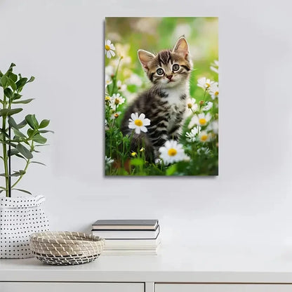 Adorable Tabby Kitten Flowers & Plants Painting 40x60cm Metal Print Ready to Hang