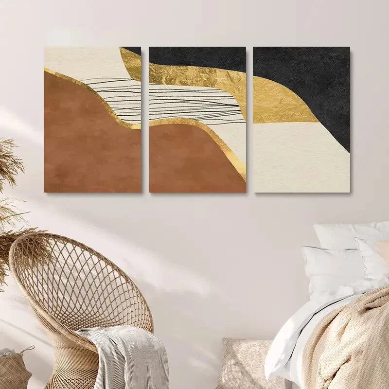 3pcs Abstract Modern Painting Brown & Black Metal Print Ready to Hang Art - Bella Home Decor