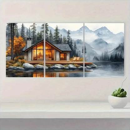 3pcs Cabin Painting Tahoe Lake Art  S  Wall Art Set Canvas Framed 60x90cm - High Quality Print 100% Australian Made Wall Canvas Ready to Hang - Bella Home Decor