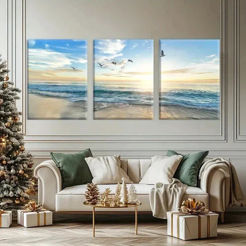 3pcs Modern Beach Sunset with Birds & Waves Wall Art Set Canvas Unframed - High Quality Print 100% Australian Made Wall Canvas