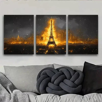 3pcs The Eiffel Tower with a Golden Glow Wall Art Canvas Unframed - High Quality Print 100% Australian Made Wall Canvas