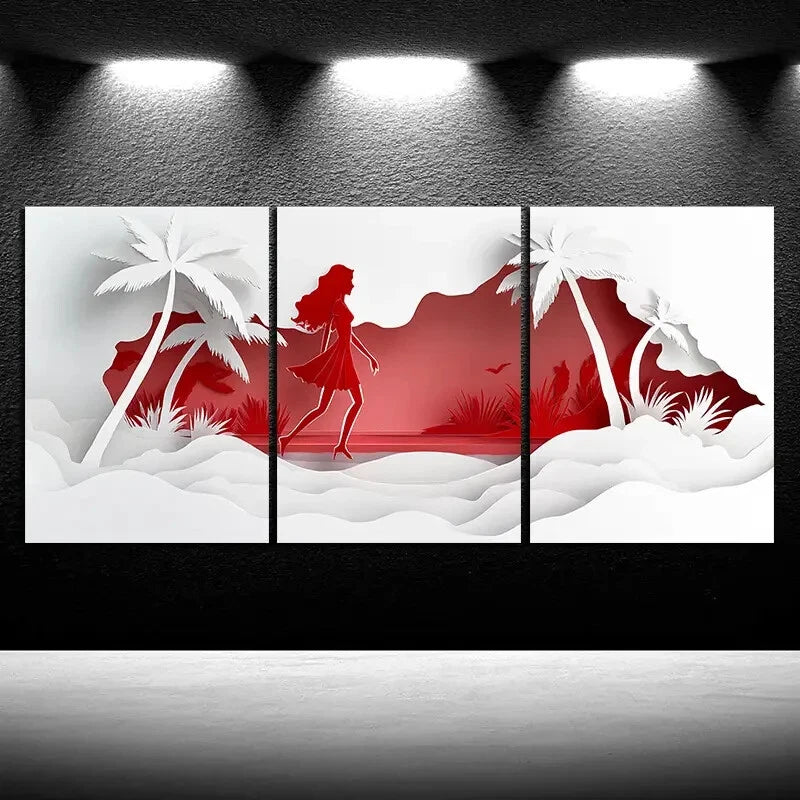 3pcs Coconut Trees And Women Beach Red & White Metal Print Ready to Hang Art - Bella Home Decor