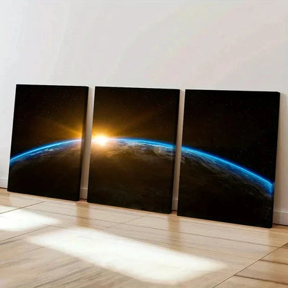 3pcs Sunrise Planet Earth from Outer Space Wall Art Set Canvas Framed 50x70cm - High Quality Print 100% Australian Made Wall Canvas Ready to Hang