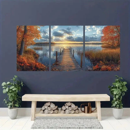 3pcs Lake Sunset Scene with Wooden Pier Wall Art Set Canvas Framed 40x60cm - High Quality Print 100% Australian Made Wall Canvas Ready to Hang - Bella Home Decor