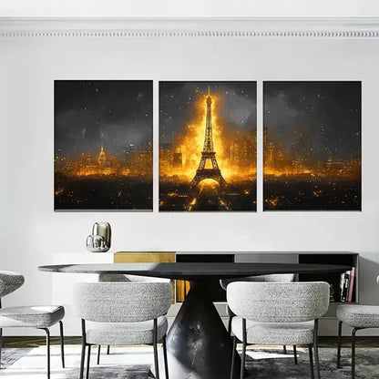 3pcs The Eiffel Tower with a Golden Glow Wall Art Canvas Unframed - High Quality Print 100% Australian Made Wall Canvas