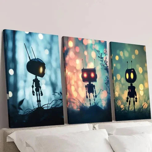 3pcs Fantasy Cute Robots in the Forest Wall Art Canvas Unframed - High Quality Print 100% Australian Made Wall Canvas