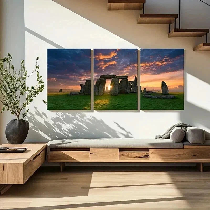3pcs Stonehenge at Sunset Travel Attraction  Wall Art Set Canvas Framed 60x90cm - High Quality Print 100% Australian Made Wall Canvas Ready to Hang - Bella Home Decor