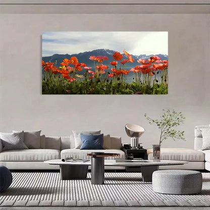 Mountain Lakes & Blooming Red Wall Art Canvas Office Home Room Framed 120x60cm - Bella Home Decor