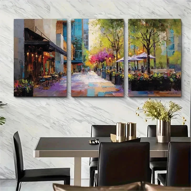 3pcs Restaurants On Street Spring City Perfect Wall Art Set Canvas Framed 50x70cm - High Quality Print 100% Australian Made Wall Canvas Ready to Hang