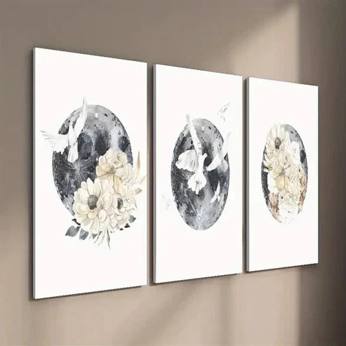 3pcs Moon and Bird Animal Floral  Wall Art Set Canvas Unframed - High Quality Print 100% Australian Made Wall Canvas