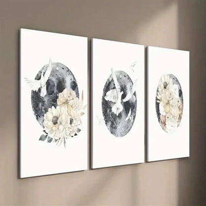 3pcs Moon and Bird Animal Floral  Wall Art Set Canvas Unframed - High Quality Print 100% Australian Made Wall Canvas