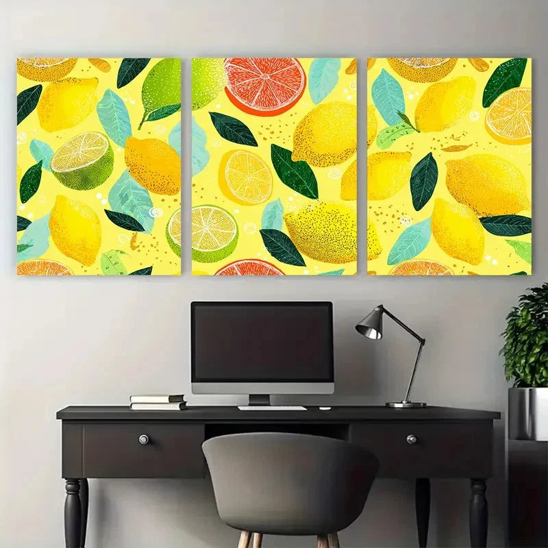 3pcs Vibrant Lemon Continuous Prefect Wall Art Set Canvas Framed 40x60cm - High Quality Print 100% Australian Made Wall Canvas Ready to Hang
