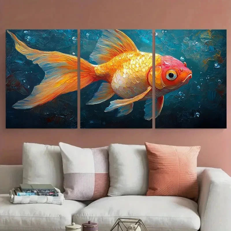3pcs Goldfish Animals Impasto Underwater Perfect Wall Art Set Canvas Framed 60x90cm - High Quality Print 100% Australian Made Wall Canvas Ready to Hang - Bella Home Decor