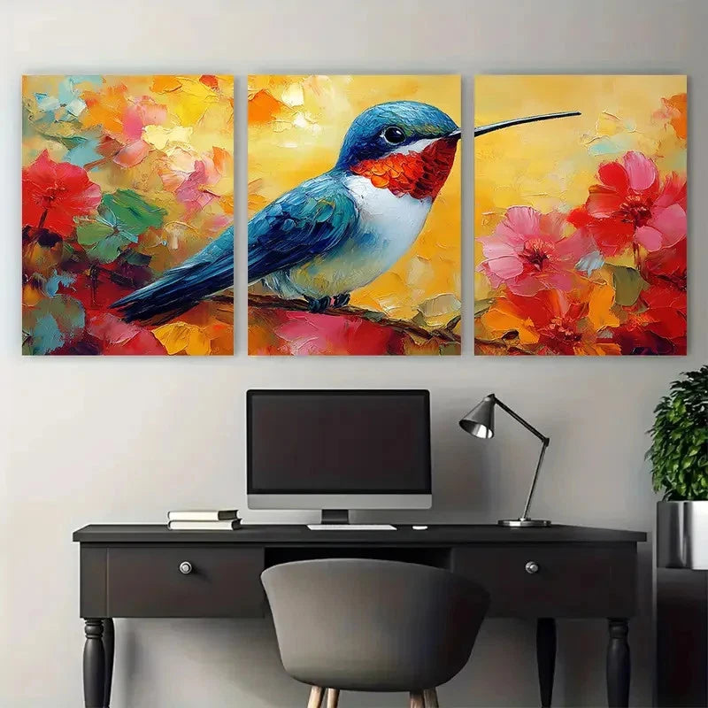 3pcs Hummingbird Small Birds Impasto Perfect  Wall Art Set Canvas Framed 40x60cm - High Quality Print 100% Australian Made Wall Canvas Ready to Hang