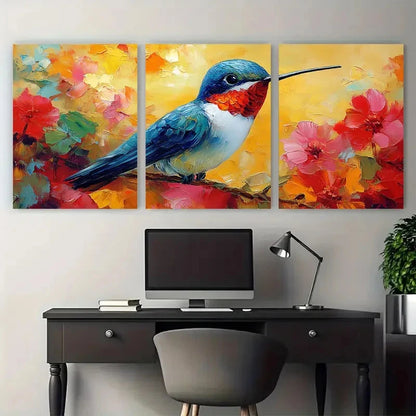 3pcs Hummingbird Small Birds Impasto Perfect  Wall Art Set Canvas Framed 40x60cm - High Quality Print 100% Australian Made Wall Canvas Ready to Hang