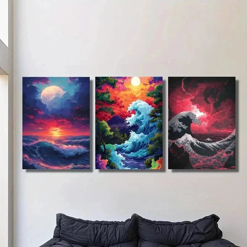 3pcs Colorful Ocean Wave & Sunset Scenes Wall Art Set Canvas Framed 60x90cm - High Quality Print 100% Australian Made Wall Canvas Ready to Hang