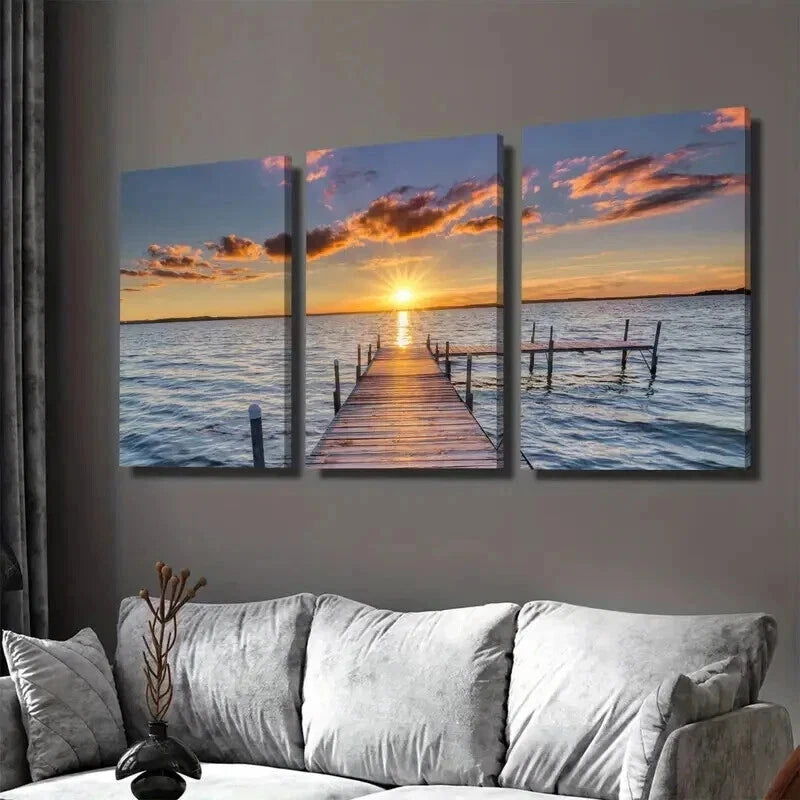 3pcs Sunset Dock Paintings Sky Wall Art Set Canvas Framed 40x60cm - High Quality Print 100% Australian Made Wall Canvas Ready to Hang