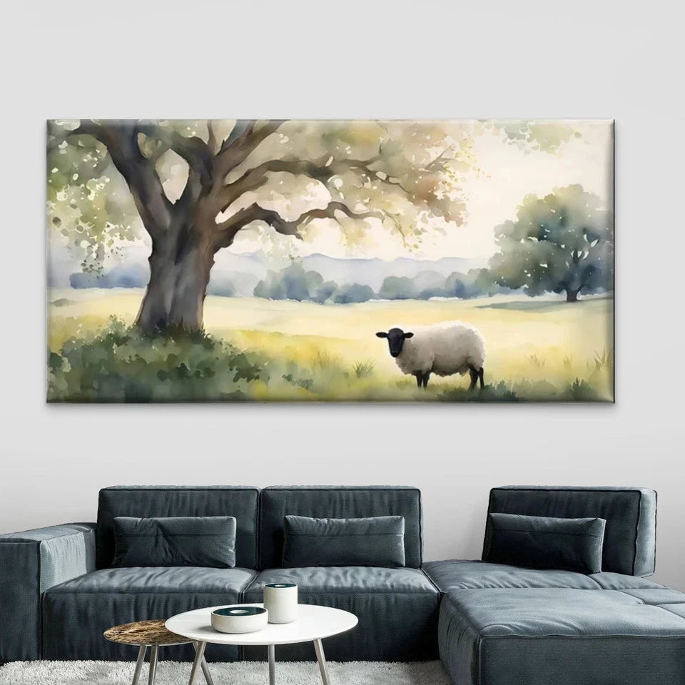 Sheep Under Tree Meadow Wall Art Canvas Office Home Room Framed 120x60cm