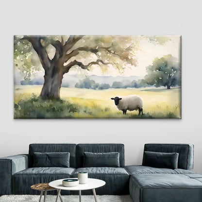 Sheep Under Tree Meadow Wall Art Canvas Office Home Room Framed 120x60cm