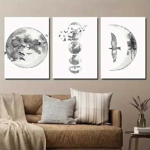 3pcs Black and White Moon Phase Wall Art Set Canvas Unframed - High Quality Print 100% Australian Made Wall Canvas - Bella Home Decor