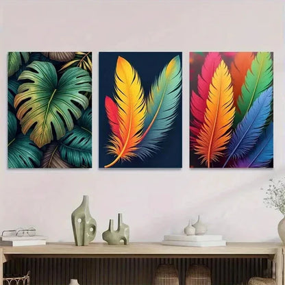 3pcs Colorful Feather and Tropical Leaf Wall Art Set Canvas Unframed - High Quality Print 100% Australian Made Wall Canvas - Bella Home Decor