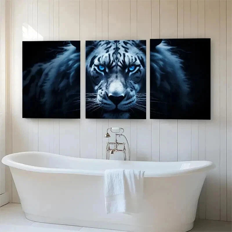 3pcs Majestic White Tiger Piercing Blue Perfect Wall Art Set Canvas Framed 50x70cm - High Quality Print 100% Australian Made Wall Canvas Ready to Hang