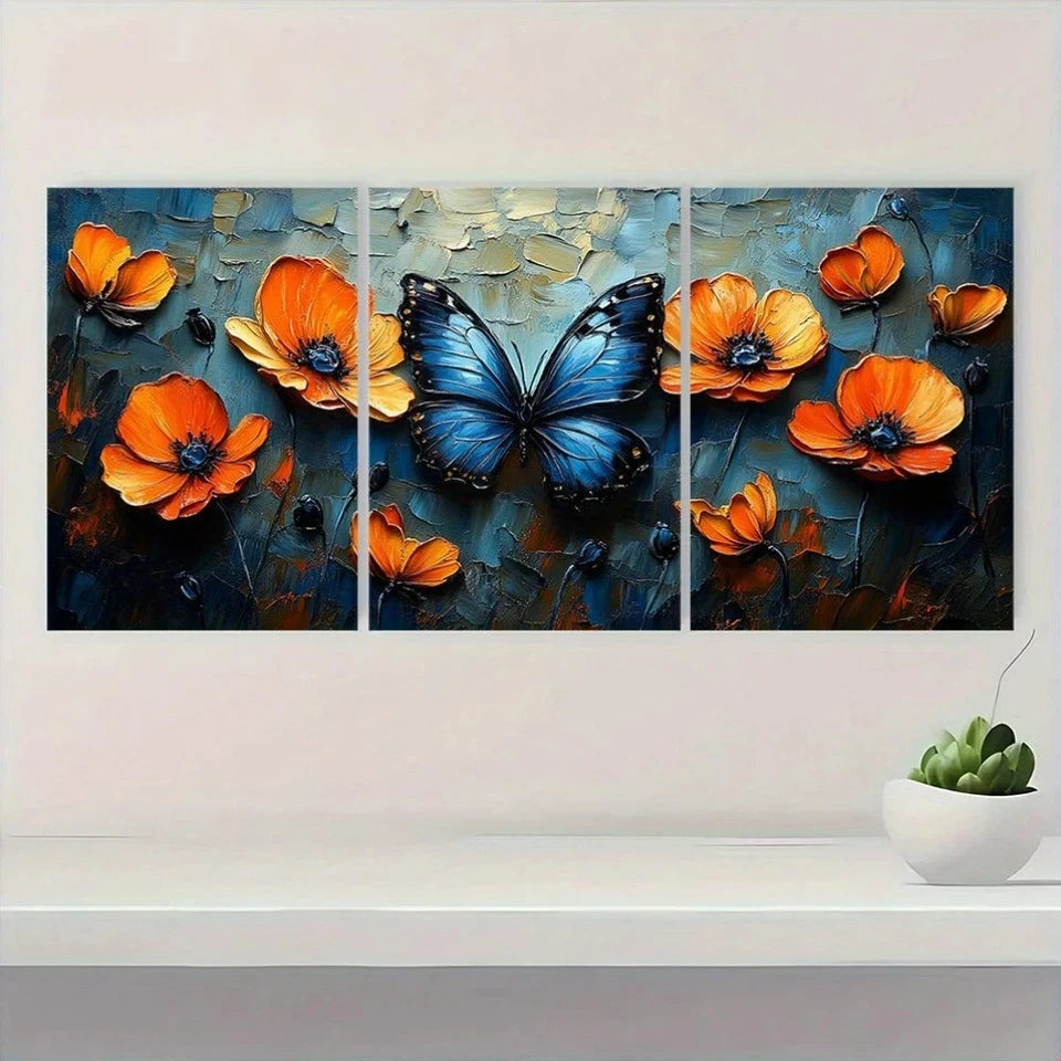 3pcs Van Gogh Inspired Butterflies & Poppies Metal Print Ready to Hang Art