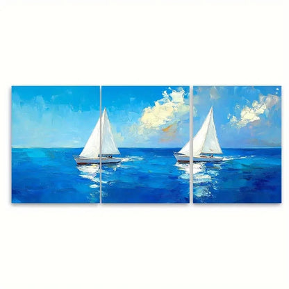 3pcs Two White Sailing Boats on Vibrant Blue Wa  Wall Art Set Canvas Framed 50x70cm - High Quality Print 100% Australian Made Wall Canvas Ready to Hang