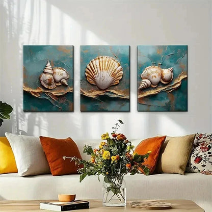 3pcs Coastal Seashell Tranquil Teal Perfect Wall Art Set Canvas Framed 50x70cm - High Quality Print 100% Australian Made Wall Canvas Ready to Hang