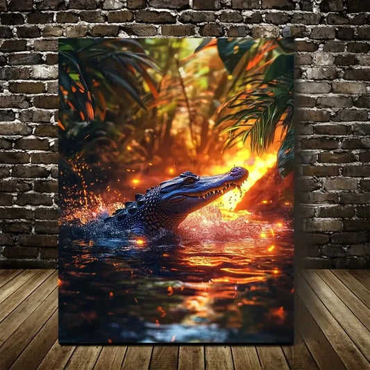 Vibrant Jungle Crocodile Splashing In Water Painting  40x60cm Metal Print Ready to Hang - Bella Home Decor