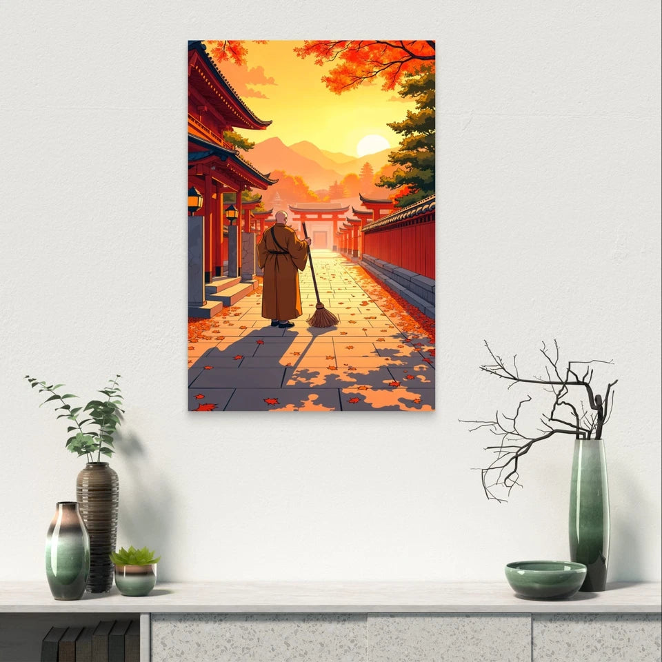 Monk Sweeping Temple Japanese Shrine 40x60cm Metal Print Ready to Hang