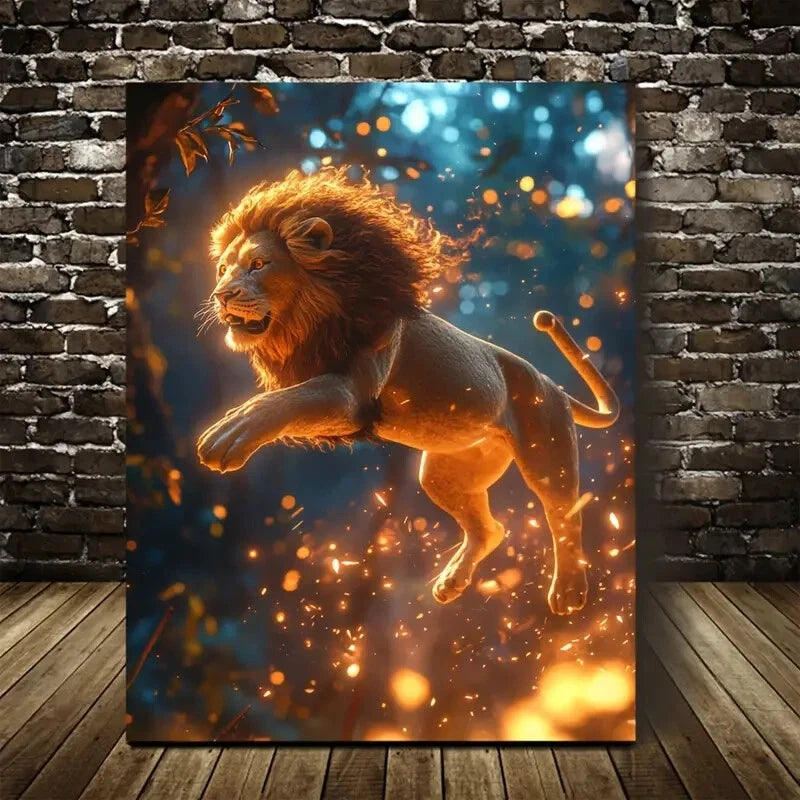 Cyberpunk Lion in Magical Forest Painting 40x60cm Metal Print Ready to Hang - Bella Home Decor