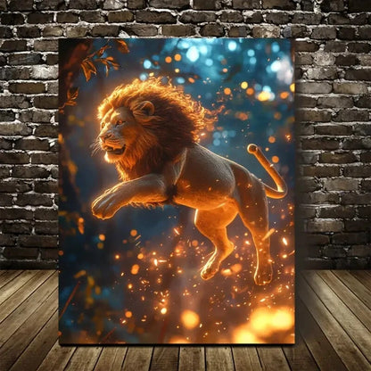 Cyberpunk Lion in Magical Forest Painting 40x60cm Metal Print Ready to Hang - Bella Home Decor