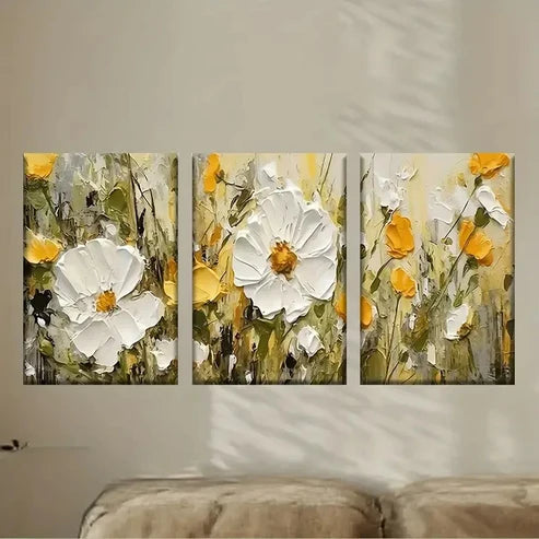 3pcs a painting of white and yellow flowers Wall Art Set Canvas Unframed - High Quality Print 100% Australian Made Wall Canvas - Bella Home Decor