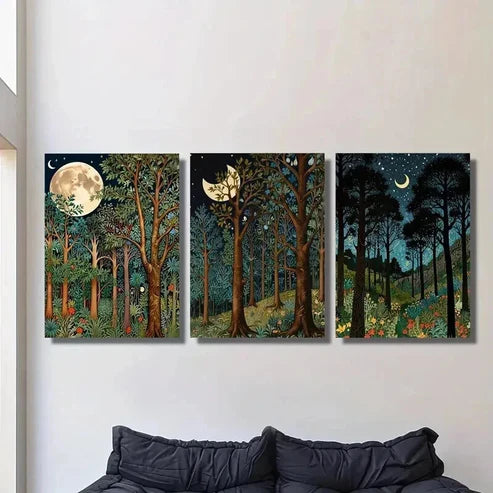 3pcs Classic Moonlit Forest Landscape Wall Art Set Canvas Unframed - High Quality Print 100% Australian Made Wall Canvas - Bella Home Decor