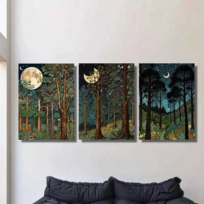 3pcs Classic Moonlit Forest Landscape Wall Art Set Canvas Unframed - High Quality Print 100% Australian Made Wall Canvas - Bella Home Decor