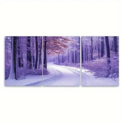 3pcs Purple Snow Covered Woodland RW Wall Art Set Canvas Framed 50x70cm - High Quality Print 100% Australian Made Wall Canvas Ready to Hang