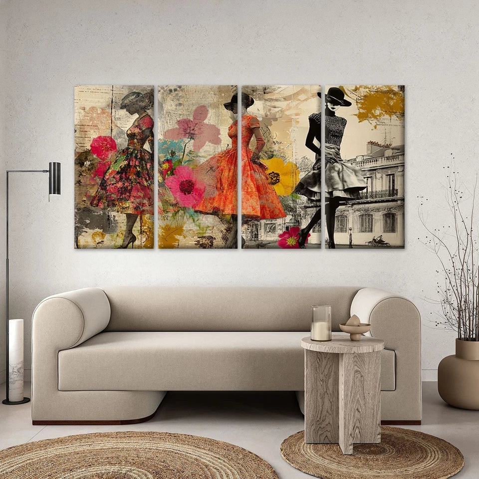 4pcs Vintage Fashion & Floral Ladies Collage Art Wall Art Canvas Framed 45x80cm - High Quality Print 100% Australian Made Wall Canvas Ready to Hang
