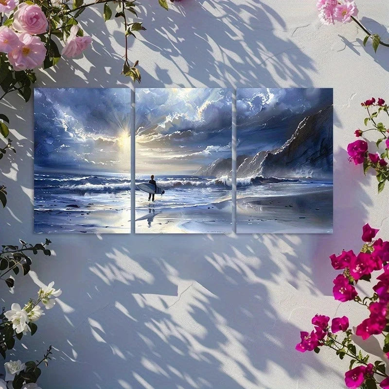 3pcs Ocean Waves and Surfer Oil Painting Metal Print Ready to Hang Art