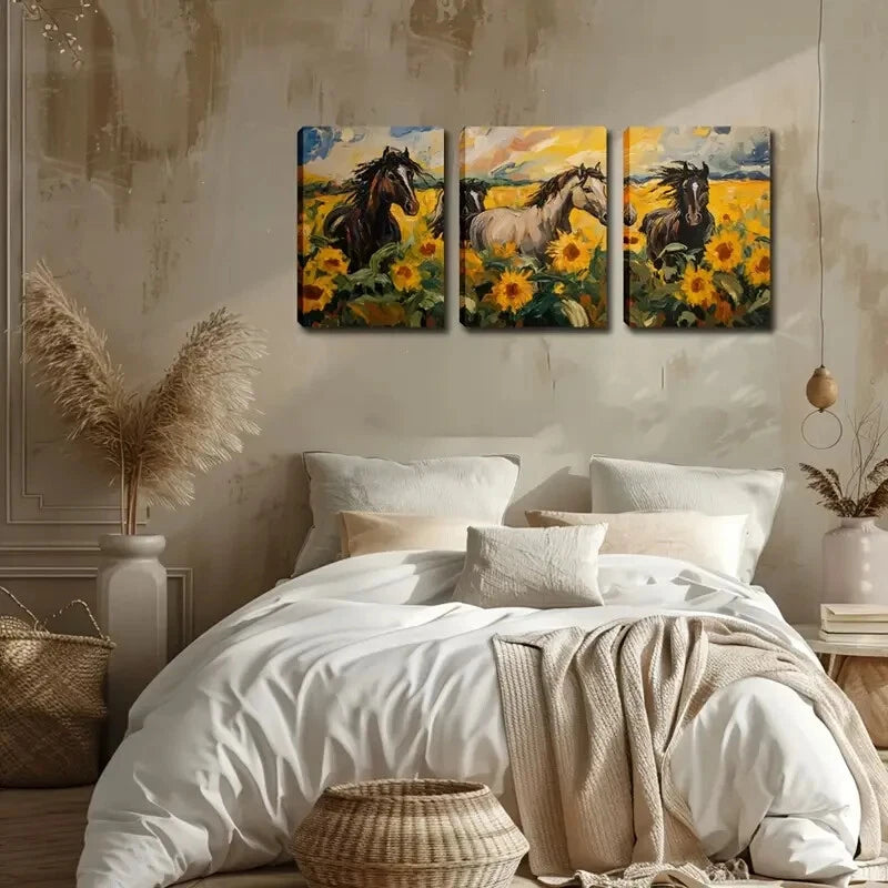 3pcs Horse and Sunflower Field Scene Perfect Wall Art Set Canvas Framed 50x70cm - High Quality Print 100% Australian Made Wall Canvas Ready to Hang - Bella Home Decor