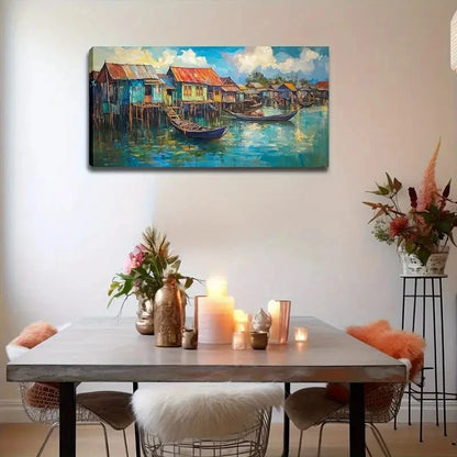 Houses And Fishing Boats Wall Art canvas office home room framed 120x60cm