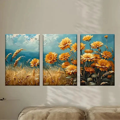 3pcs Painting of Flowers in a Field Wall Art Set Canvas Framed 50x70cm - High Quality Print 100% Australian Made Wall Canvas Ready to Hang