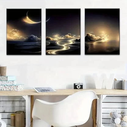 3pcs Golden Rivers & Starry Skies Perfect Wall Art Set Canvas Framed 60x90cm - High Quality Print 100% Australian Made Wall Canvas Ready to Hang - Bella Home Decor