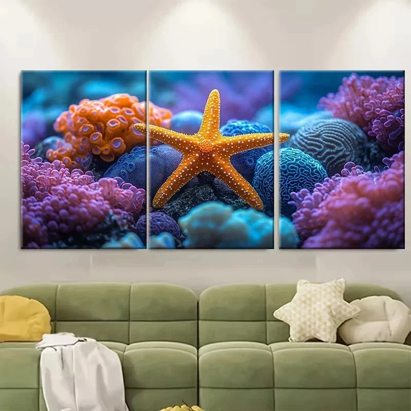 3pcs Vibrant Starfish and Coral Wall Art Set Canvas Framed 50x70cm - High Quality Print 100% Australian Made Wall Canvas Ready to Hang