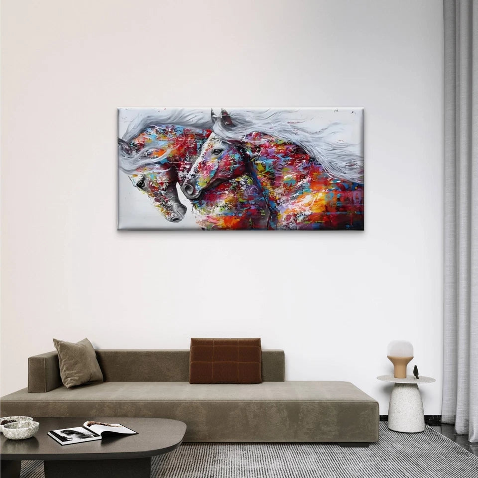 Two Horses Abstract Color Wall Art Canvas Office Home Room Framed 120x60cm