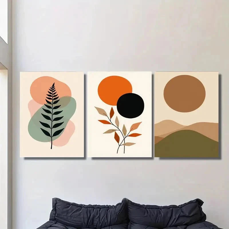 3pcs Modern Abstract Botanical Leaf Black Orange Metal Print Ready to Hang Art